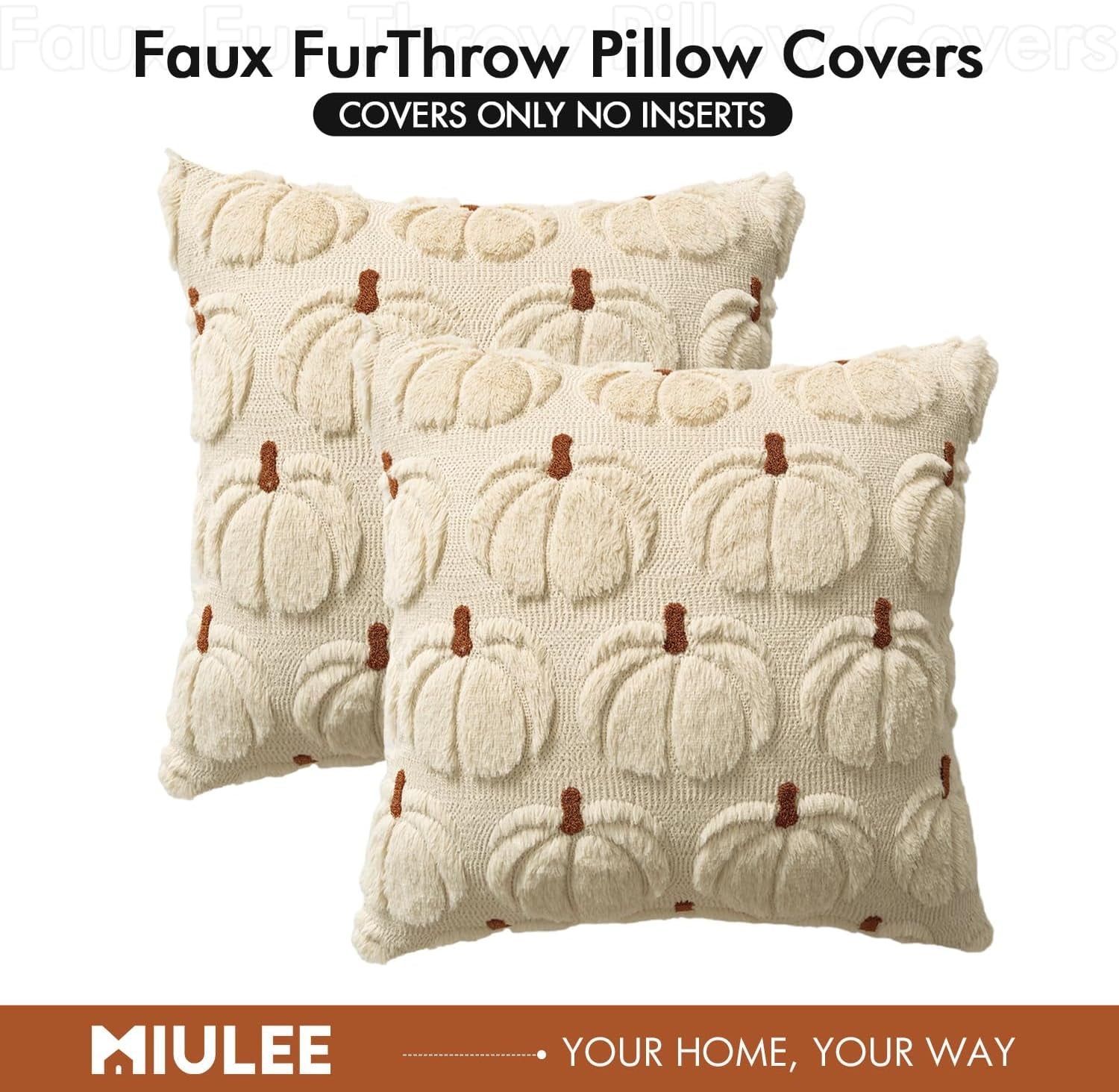 Fall Pumpkin Throw Pillow Covers Decor Set of 2 Beige Brown Stem 18 X 18 Decorative Cushion Covers Soft Plush Faux Fur Couch Pillows for Autumn Harvest Outdoor Porch Farmhouse Halloween Home