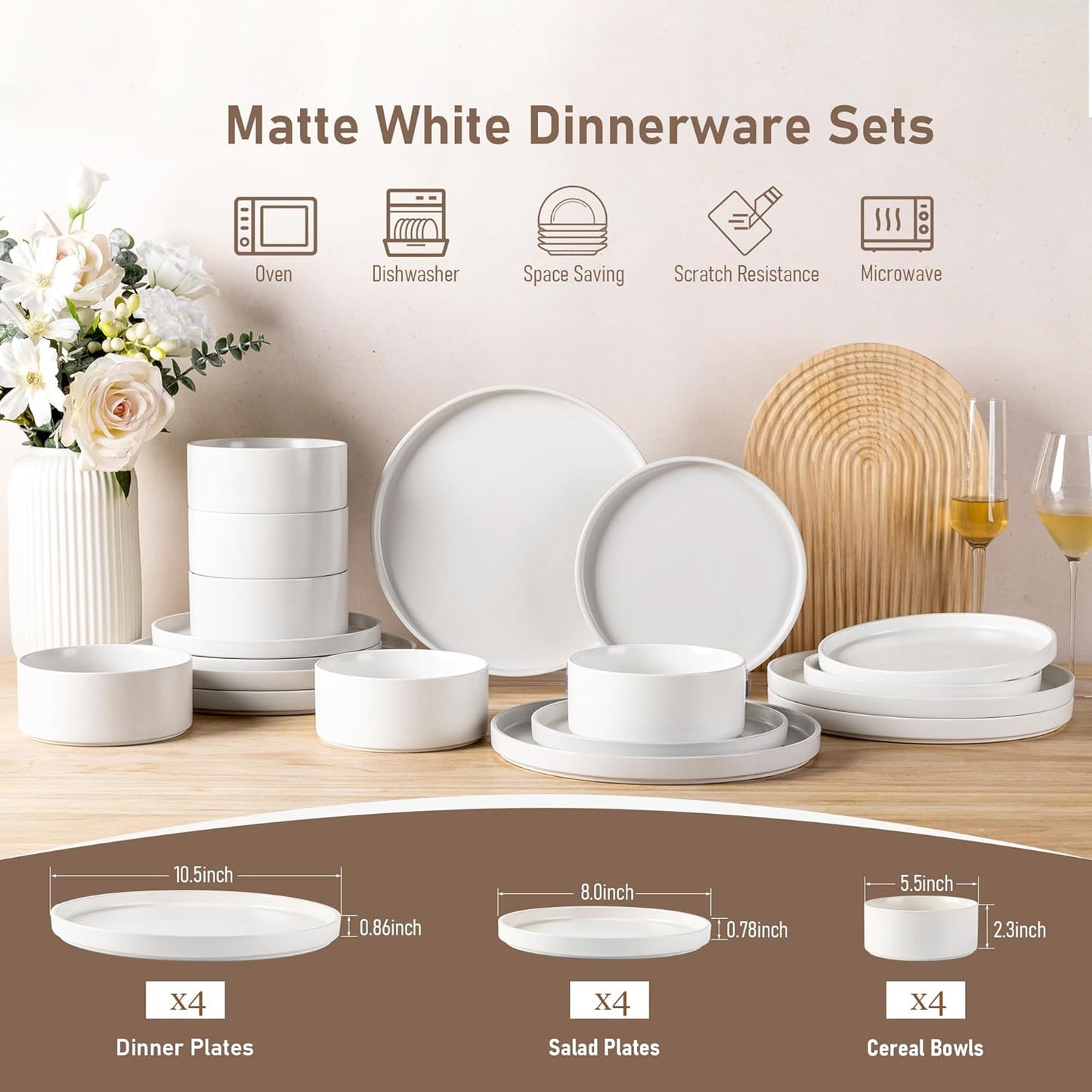 Ceramic Dinnerware Set for Four - Stoneware Plates and Bowls, Chip and Scratch Resistant, Dishwasher, Microwave, and Oven Safe, Reactive Glaze in White