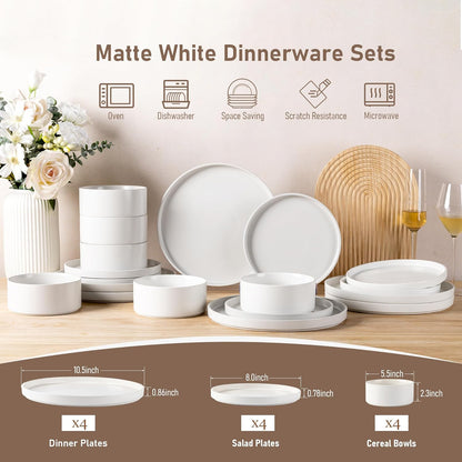 Ceramic Dinnerware Set for Four - Stoneware Plates and Bowls, Chip and Scratch Resistant, Dishwasher, Microwave, and Oven Safe, Reactive Glaze in White