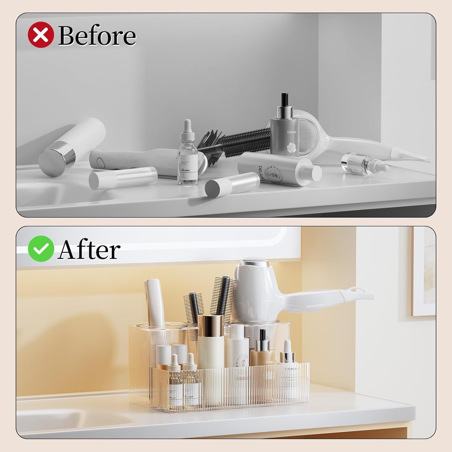 Hair Tool Organizer, Bathroom Sink Vanity Trays, Hair Dryer Holder with Detachable 3 Cups, Transparent Wave Design, Stylish & Durable, Ideal for Makeup, Vanity, Bathroom Counter Organizers and Storage