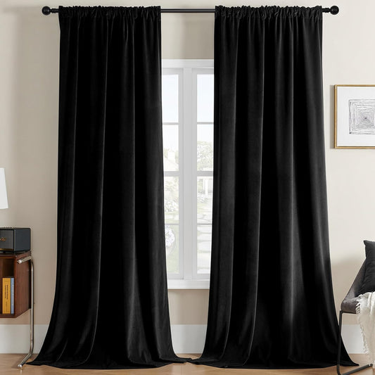 Luxury Black Velvet 90-Inch Length Blackout Curtains, Thermal Insulated Rod Pocket Drapes, Soft Room Darkening Panels for Living Room, Dining Room, and Bedroom, Set of 2, W52 x L90 Inches