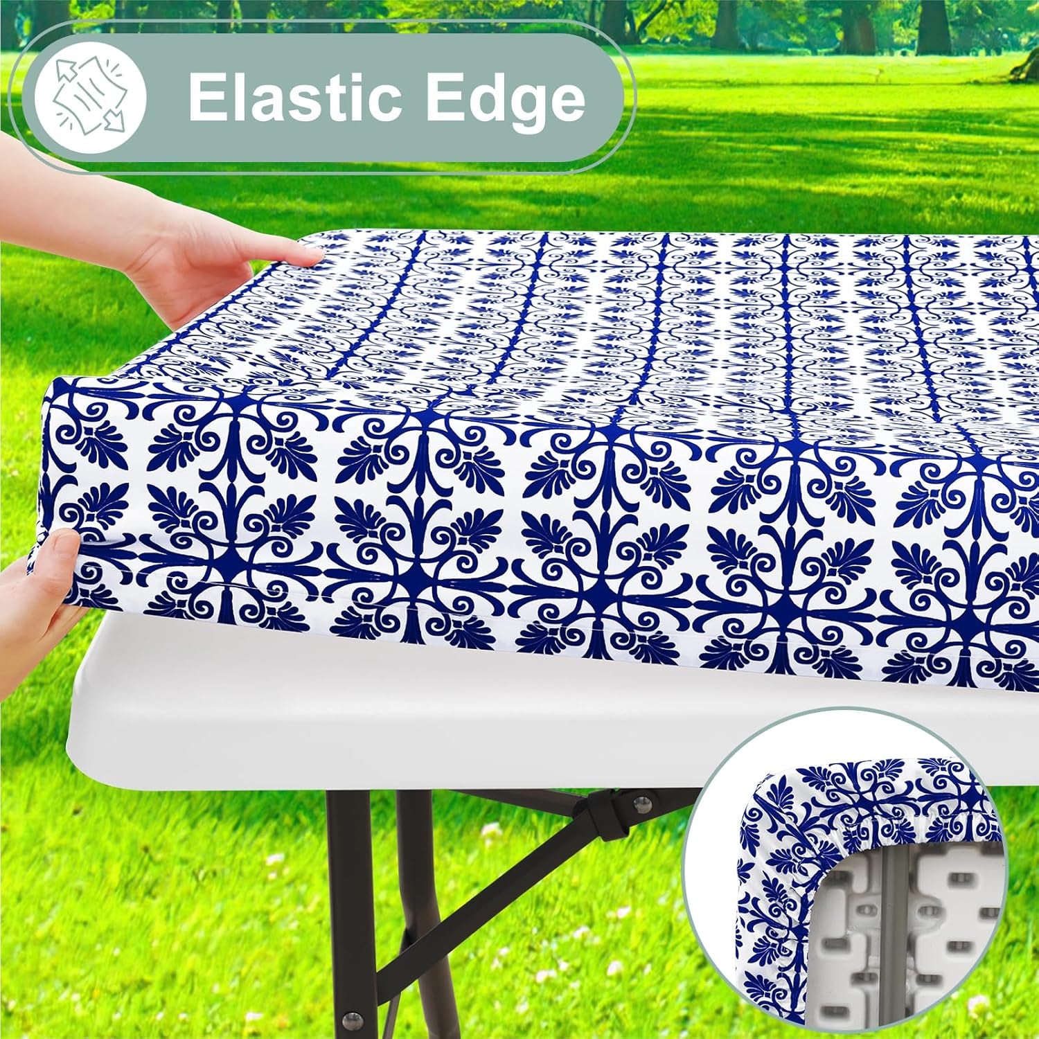2 Pack 6 Foot Rectangle Picnic Tablecloth, Elastic Fitted Waterproof Table Cover, Windproof Washable Polyester Table Cloth for Camping, Indoor and Outdoor (Navy, 30" X 72")