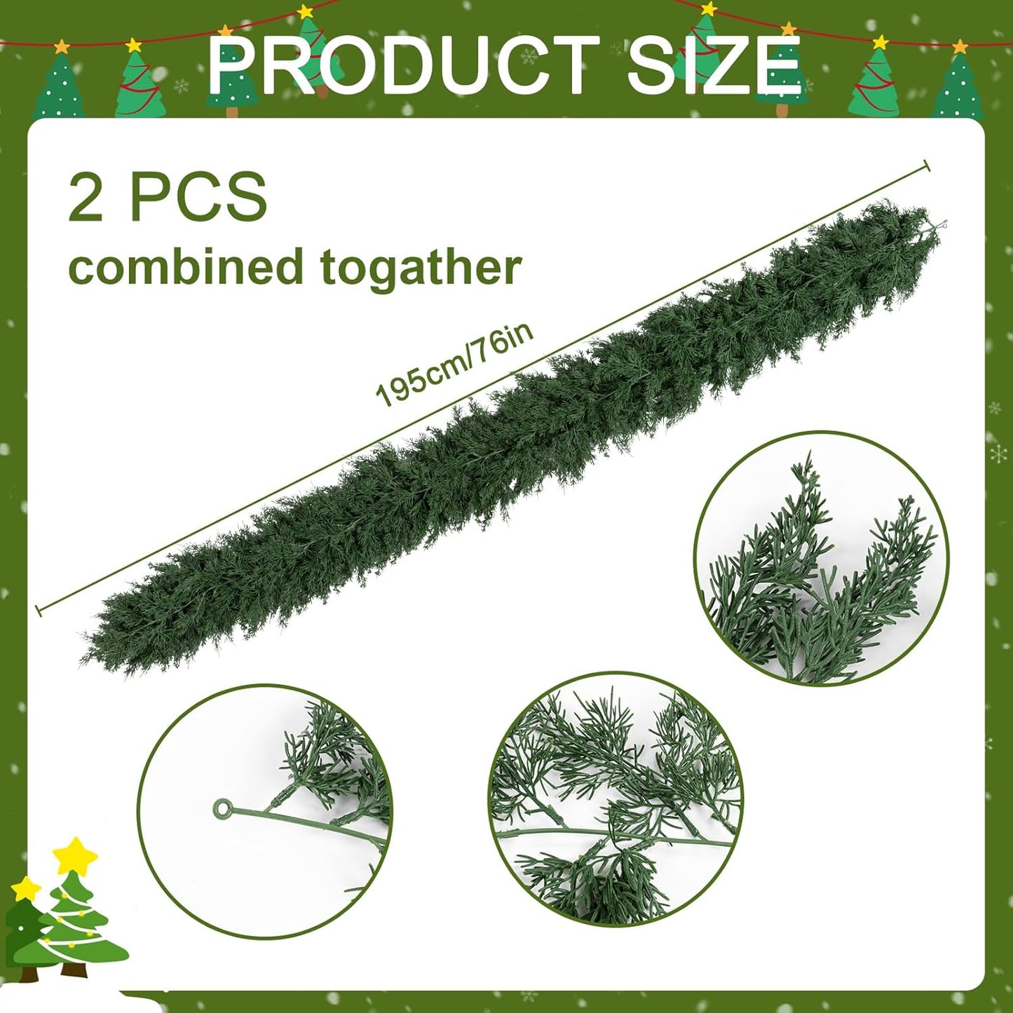 2Pcs Artificial Cedar Garland Real Touch Winter Pine Seasonal Christmas Greenery Garland for Table Mantle Background Wall Decorations (2, 6.4 FT)