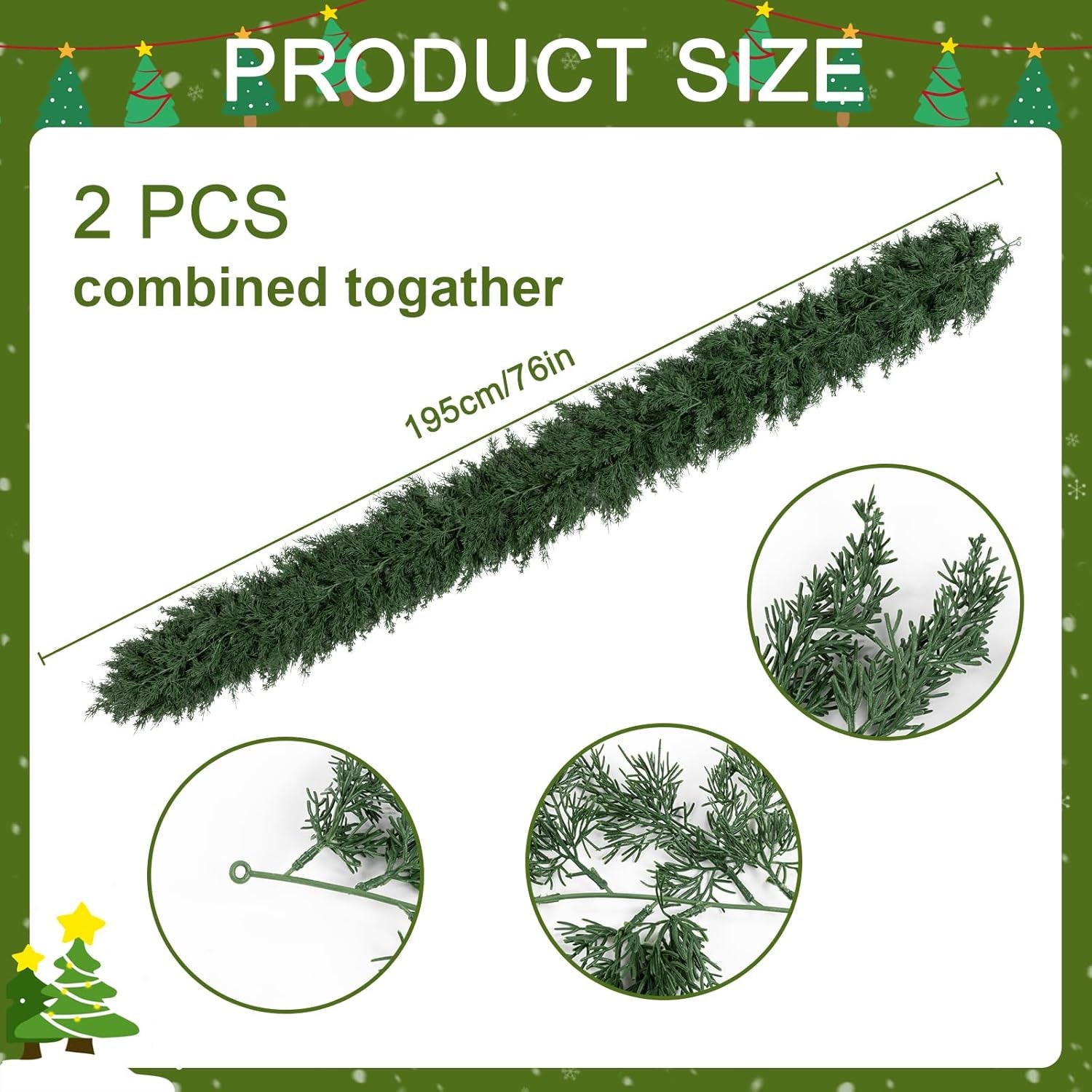 2Pcs Artificial Cedar Garland Real Touch Winter Pine Seasonal Christmas Greenery Garland for Table Mantle Background Wall Decorations (2, 6.4 FT)