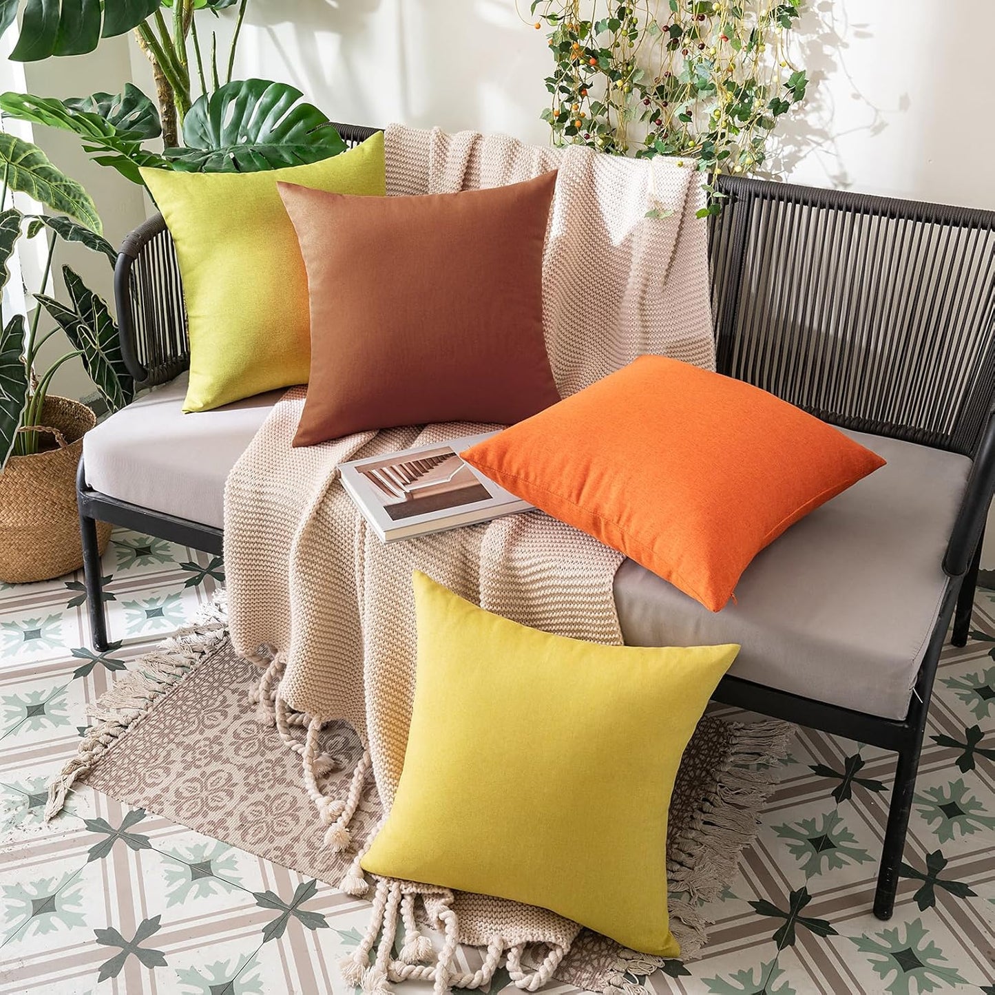 Pack of 2 Decorative Outdoor Solid Waterproof Fall Throw Pillow Covers Faux Linen Garden Farmhouse Cushion Cases for Summer Patio Tent Balcony Couch Sofa 18X18 Inch Bright Orange