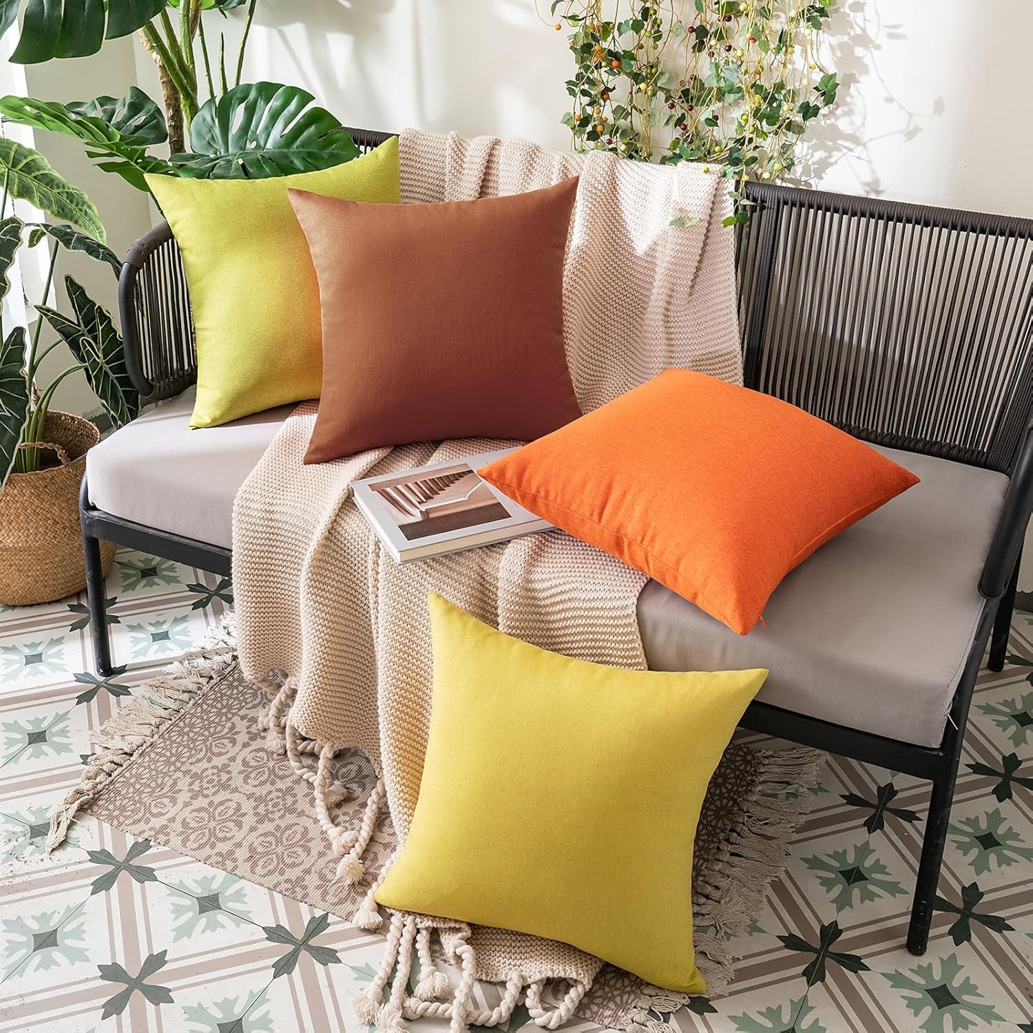 Pack of 2 Decorative Outdoor Solid Waterproof Fall Throw Pillow Covers Faux Linen Garden Farmhouse Cushion Cases for Summer Patio Tent Balcony Couch Sofa 18X18 Inch Bright Orange