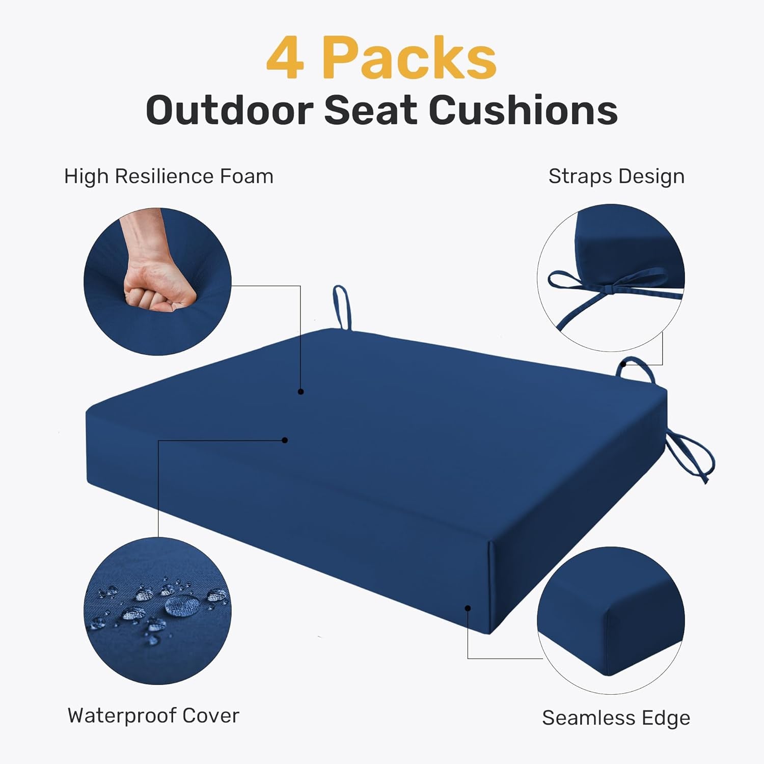 Outdoor Chair Cushions Pack of 4, Water Resistant Patio Cushions with Ties, High Density Sponge Filling Square Corner Seat Cushions for Outdoor Furniture, 18.5"X16"X3", Navy Blue