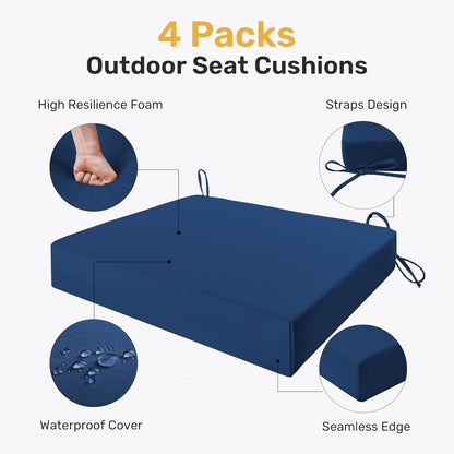 Outdoor Chair Cushions Pack of 4, Water Resistant Patio Cushions with Ties, High Density Sponge Filling Square Corner Seat Cushions for Outdoor Furniture, 18.5"X16"X3", Navy Blue