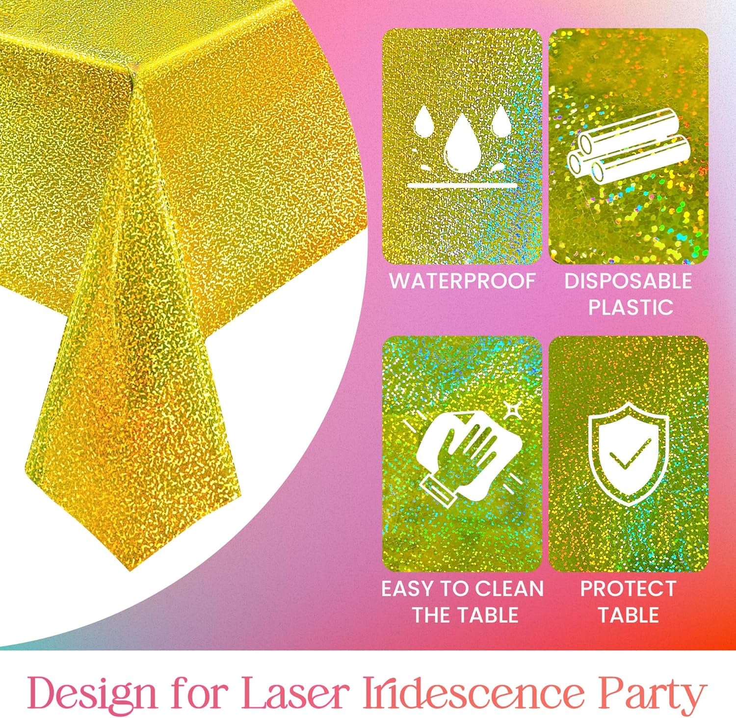 Holographic Laser Tablecloth Set - Waterproof and Easy to Clean - Perfect for Halloween, Bachelorette, Mermaid, Birthday, Wedding, and Anniversary Celebrations (Black & Gold, Set of 2)