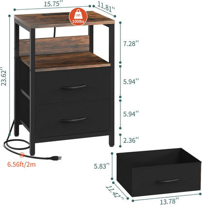 Nightstand with Charging Station, Small Night Stand with Fabric Drawers and Storage Shelf for Bedrooms, Nightstands for Small Spaces, Bedside Table with USB Ports & Outlets, Bed Side Table