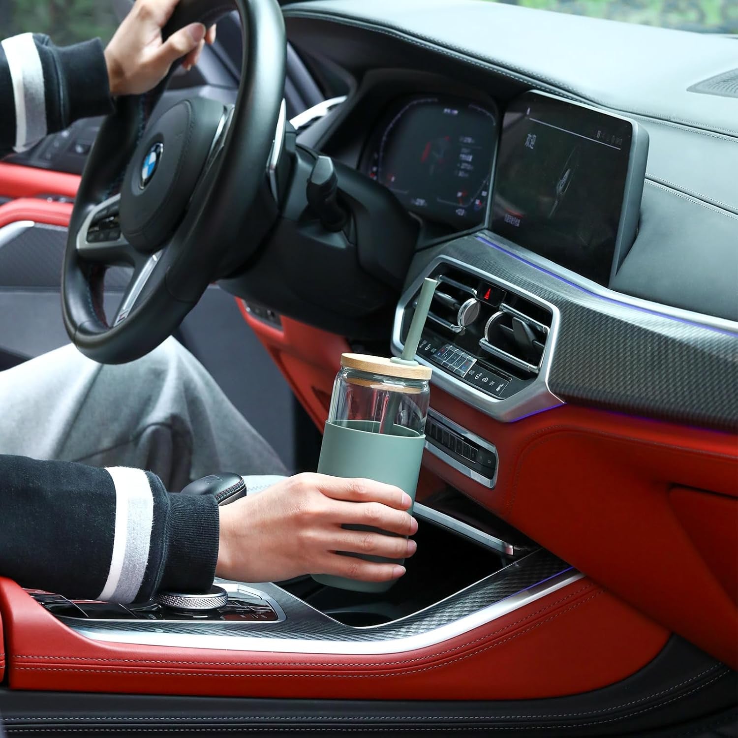 20 OZ Glass Cups with Bamboo Lids and Straws - Beer Can Drinking Glasses with Silicone Protective Sleeve Set, Iced Coffee Glasses, Cute Tumbler Cup for Water, Tea, Gift - Cambridge Blue, Amber