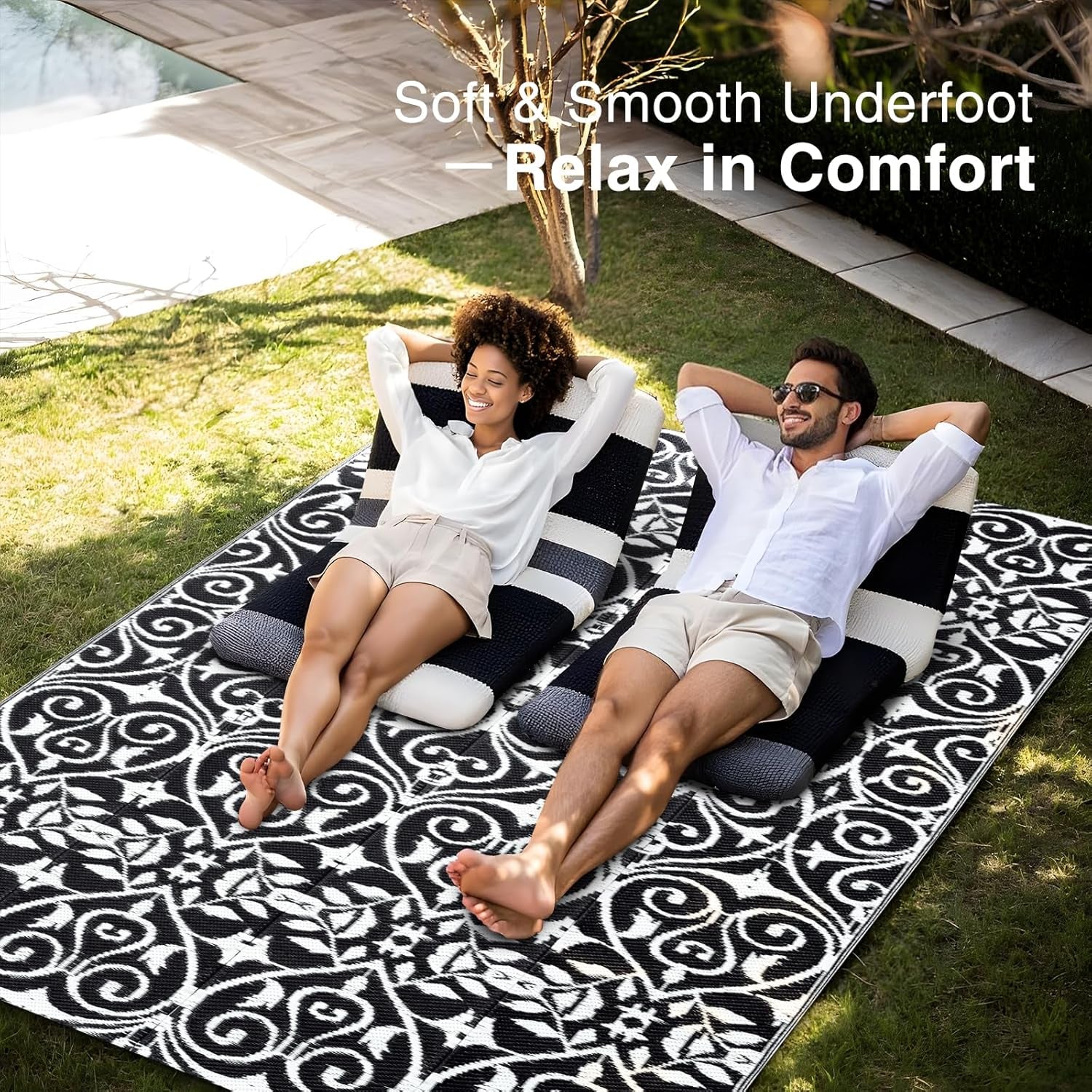 Outdoor Rug Waterproof 5X8 Ft Clearance, Reversible Outdoor Plastic Straw Rug with Floral Pattern, RV Mat for Patio, Camping, Balcony, Deck, Backyard, Black & White