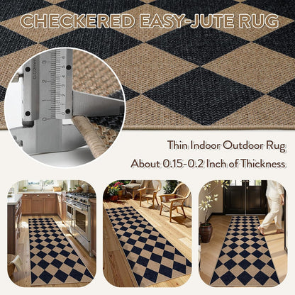 Checkered Easy Jute Runner Rug, Carpet Runners for Hallway 8Ft Washable Rug Non Slip Kitchen Runner, Checkerboard Black Indoor Outdoor Carpet for Entryway