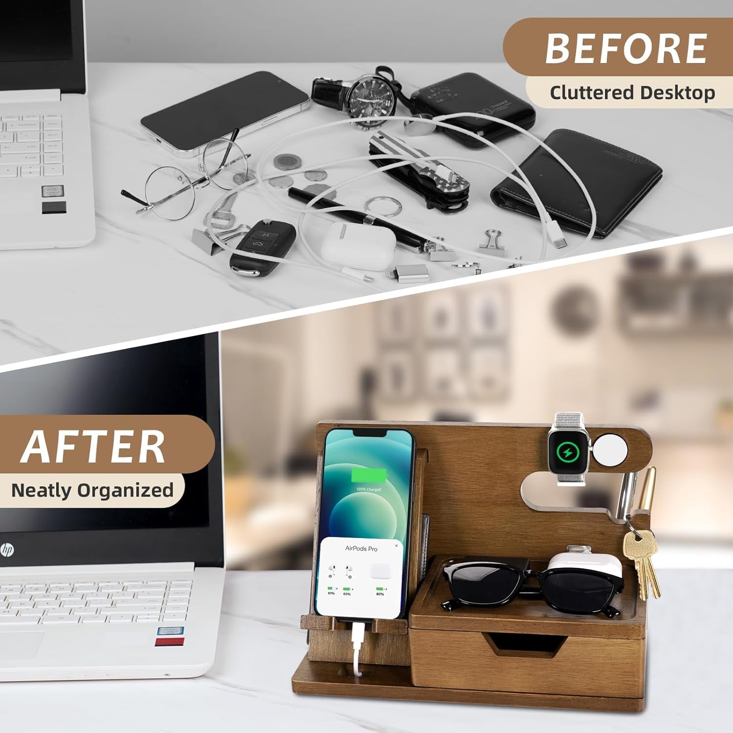 Gifts for Men Him Husband Dad, Wood Phone Docking Station with Drawer, Birthday Anniversary Men Him Husband Boyfriend Gifts from Girlfriend, Mens Nightstand Organizer Presents Ideas