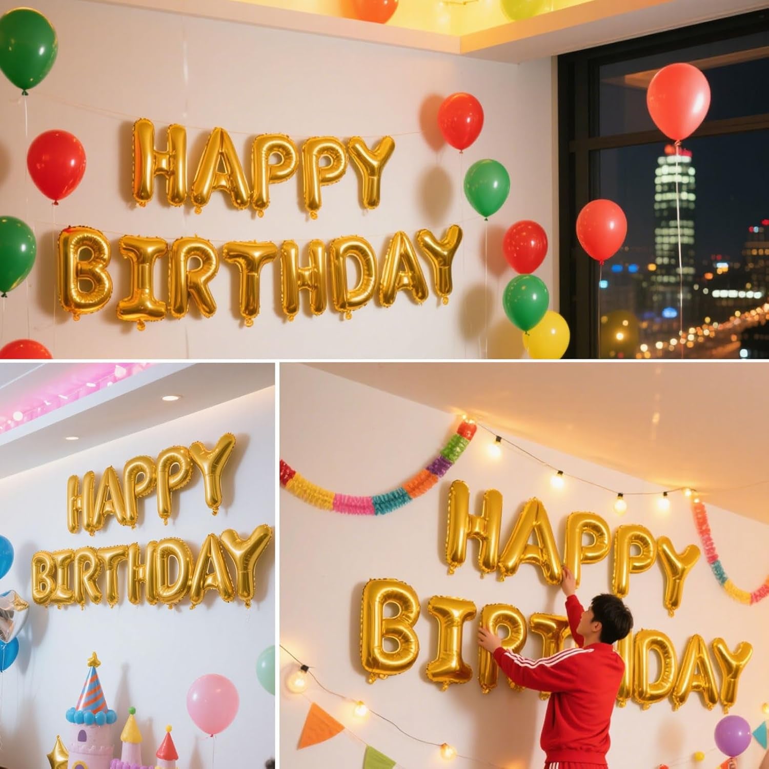 Gold Happy Birthday Banner Metallic, Gold Birthday Balloons, 13Pcs Mylar Foil Letters Balloons, Inflatable Party Decor, Golden Happy Birthday Sign Party Decorations for Women, Globos De Cumpleaños