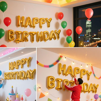 Gold Happy Birthday Banner Metallic, Gold Birthday Balloons, 13Pcs Mylar Foil Letters Balloons, Inflatable Party Decor, Golden Happy Birthday Sign Party Decorations for Women, Globos De Cumpleaños