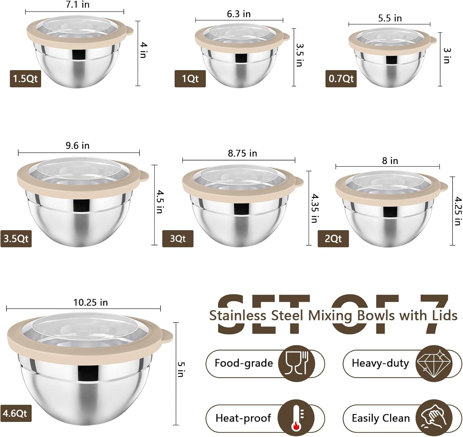 Mixing Bowl with Lid Set of 7, Stainless Steel Nesting Salad Bowls for Cooking Serving Prepping, Clear Lids & Stackable Design, Size 4.6, 3.5, 3, 2, 1.5, 1, 0.7 Qt - Khaki