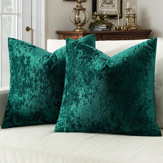 Velvet Throw Pillow Covers Set of 2, Soft Neutral Decorative Pillow Cases with Luxurious Textured Vintage Cushion Covers for Home Decor Couch Sofa Bed,Emerald Green 18X18 Inch