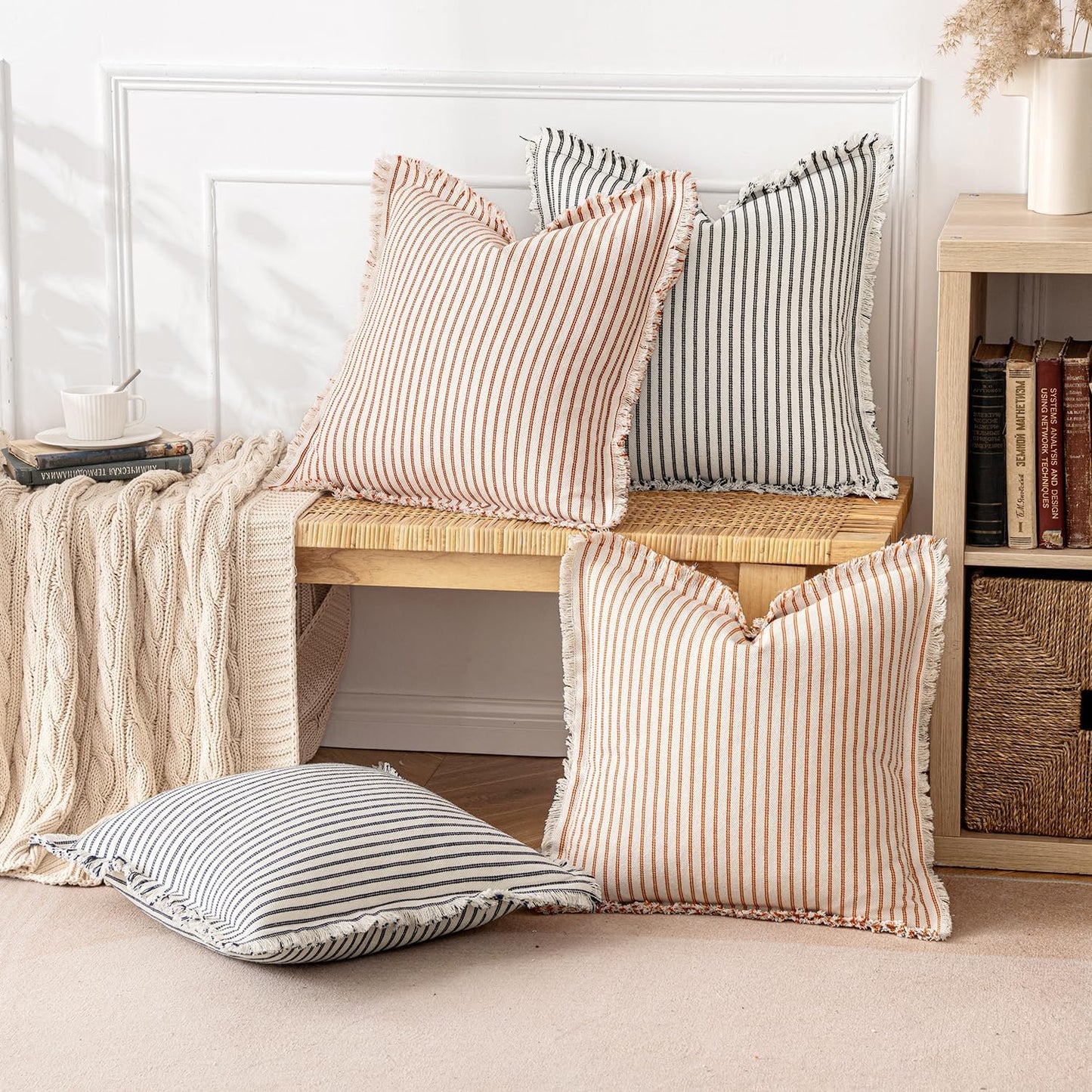 Fall Pack of 2 Rust Pillow Covers 20X20 Inch Striped Farmhouse Couch Throw Pillow Covers with Fringe Chic Linen Decorative Cushion Covers for Sofa Living Room Bed Outdoor Home Decor