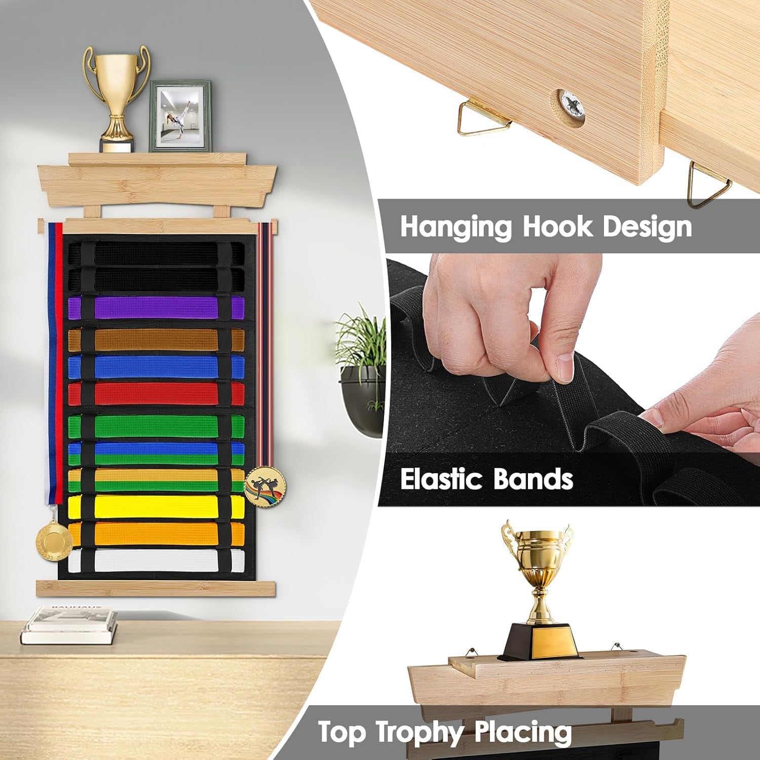 12-Belt Martial Arts Display Rack with Personalized Stickers, Bamboo Trophy Holder for Taekwondo, Karate, and BJJ Belts