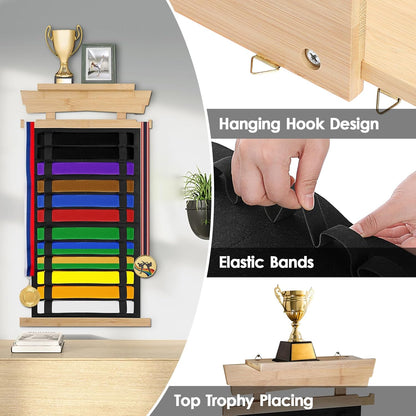 12-Belt Martial Arts Display Rack with Personalized Stickers, Bamboo Trophy Holder for Taekwondo, Karate, and BJJ Belts