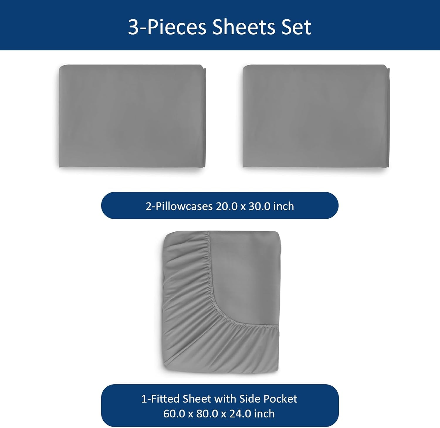Extra Deep Pocket Queen Sheet Sets for Air Mattress - Deep Pocket Sheets Queen Size Sets - Sheets with Pocket on Side - Easily Fits Extra Deep 16 in to 24 in Pillow Top Air Mattress (Grey)