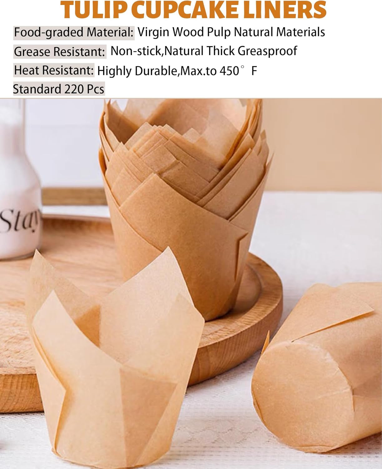 220Pcs Tulip Cupcake Liners for Baking Cups,Greaseproof Cupcake Wrappers in Standard Size,Parchment Paper Tulip Muffin Liners,Natural