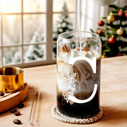 Gifts for Holidays,Birthday Gifts for Women,Personalized Initial Glass Cup as Iced Coffee Cups,Aesthetic Smoothie Cup Cute Beer Tumbler,16 Oz Glass Cups with Lids and Straws-C(1Psc)