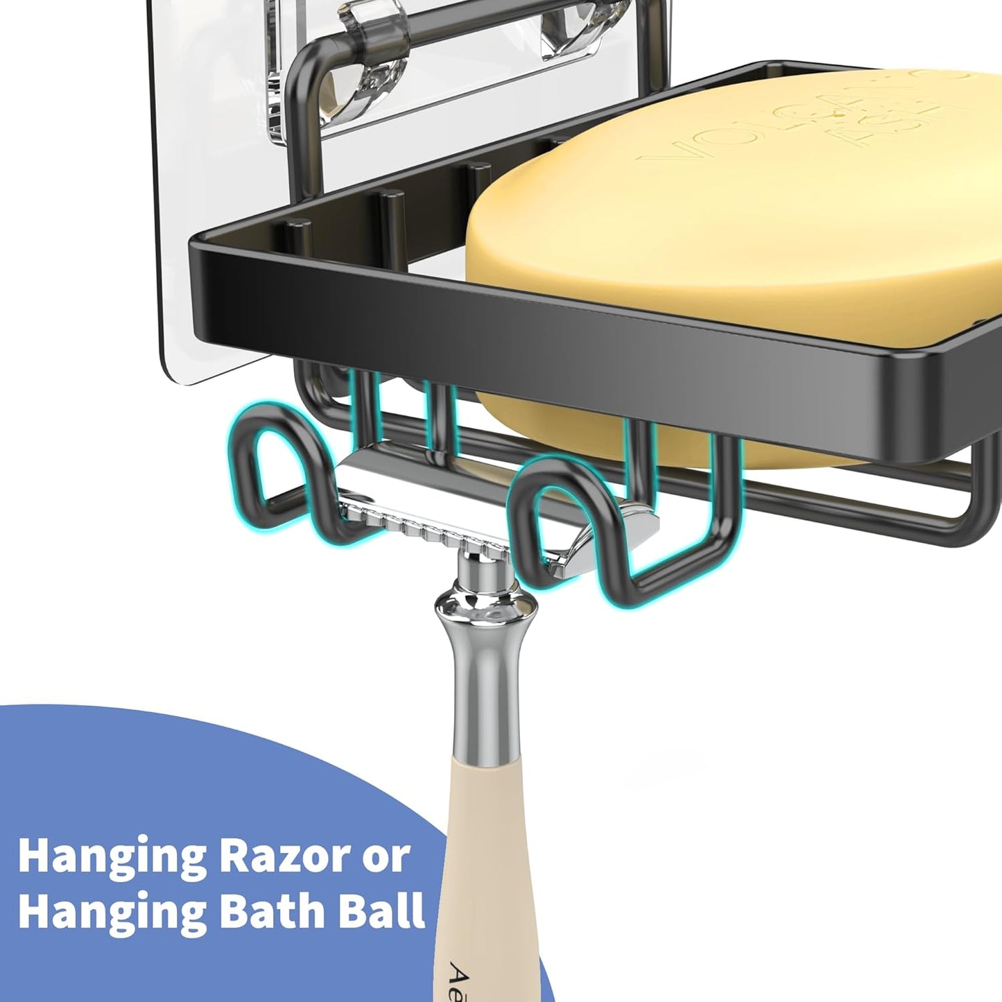 Black Soap Dish, Soap Bar Holder for Shower, No Drilling Bathroom Accessories, Wall Mounted Soap Holder with Hooks, Shower Rack Tray Bar for Suitable for Bathroom, Kitchen Sink