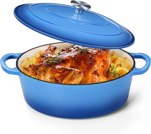 Oval Dutch Oven with Lid, Enameled Cast Dutch Oven Pot for Bread Baking, Braising, Stewing, Roasting, Non-Stick & Oven Safe, Dual Handles & Easy Clean, 5QT & Blue