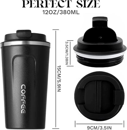 Insulated Travel Coffee Mug, Spill & Leak Proof, Portable to Go Camping Stainless Steel Coffee Tumbler, Reusable Thermal Coffee Cup with Lid for Hot & Cold Drinks (2Nd-Black, 12 OZ)