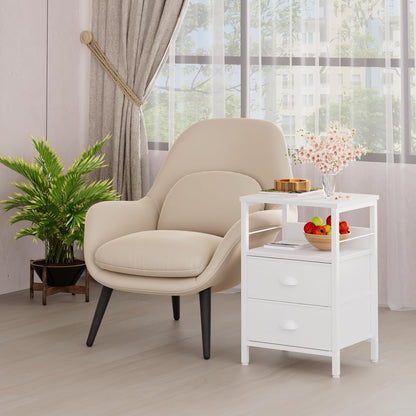 Nightstands Set of 2, End Table with 2 Fabric Drawers, Night Stand with 2 Hooks, Open Wood Shelf Bedside Table for Bedroom/Living Room/White