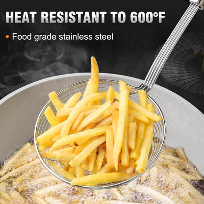 Spider Strainer, Set of 2-5.5 Inch Stainless Steel Fryer Scoop & 4 Inch Fat Skimmer Spoon, Kitchen Spider Skimmer Strainer with Handle, for Cooking Deep Fryer, Pasta, Egg,Fat