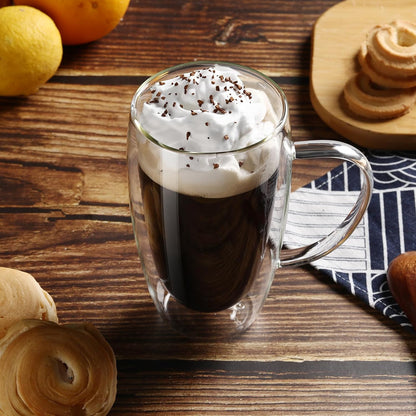 2-Pack 15 Oz Double Walled Glass Coffee Mugs with Handle,Large Insulated Layer Coffee Cups,Clear Borosilicate Mugs,Perfect for Cappuccino,Tea,Latte,Espresso,Hot Beverage,Wine,Microwave Safe