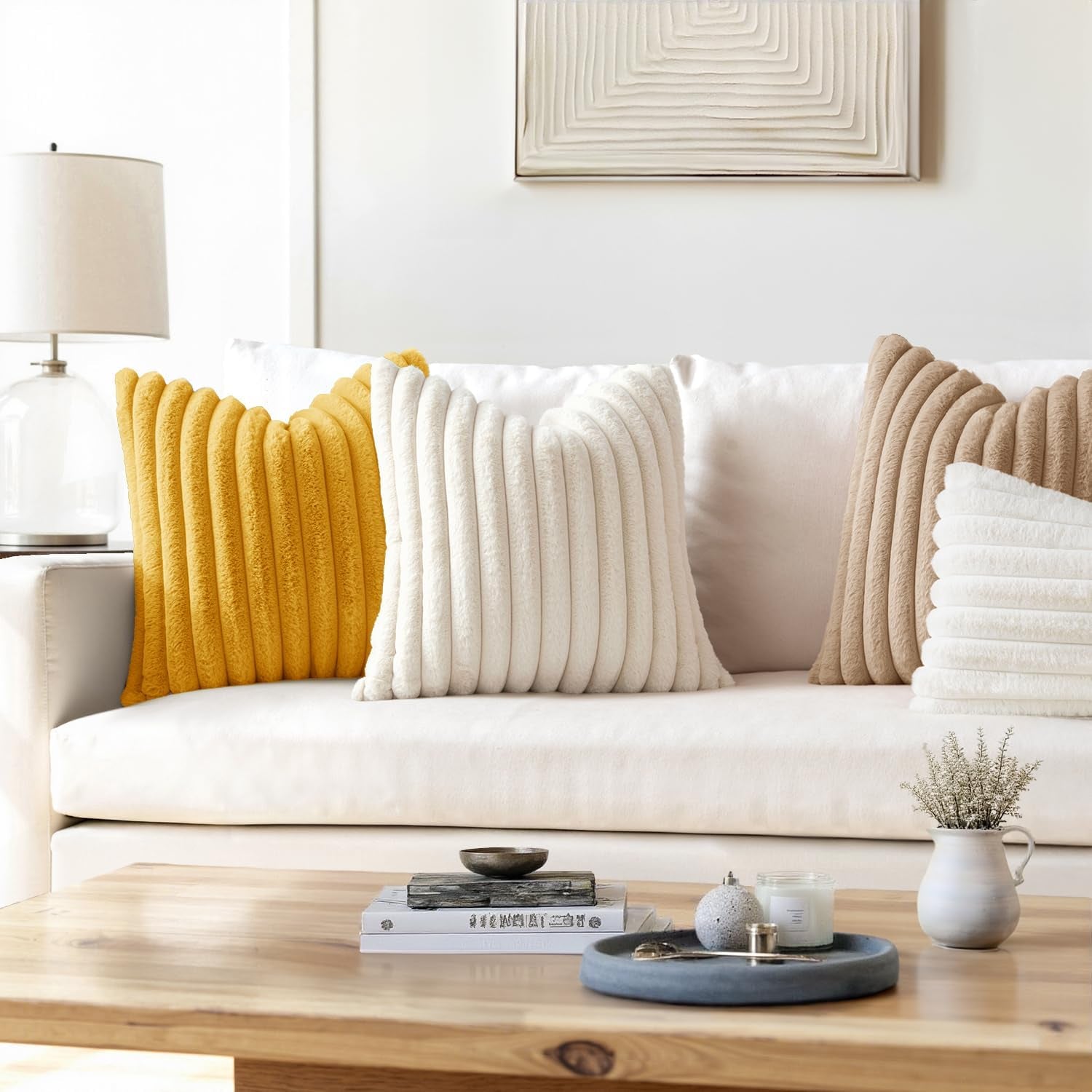 Faux Fur Decorative Throw Pillow Covers, 18x18 Inch Set of 2, Modern Plush Couch Cushions for Spring Home Décor in Beige