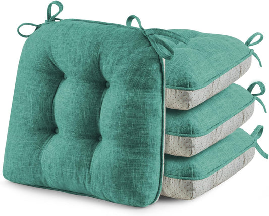 ® Chair Cushions for Dining Chairs, Tufted Memory Foam Chair Pads with Non-Slip Backing, Kitchen Seat Cushions with Ties, Washable Seat Pad Set of 4, 15.5" X 15.5" X 4", Green