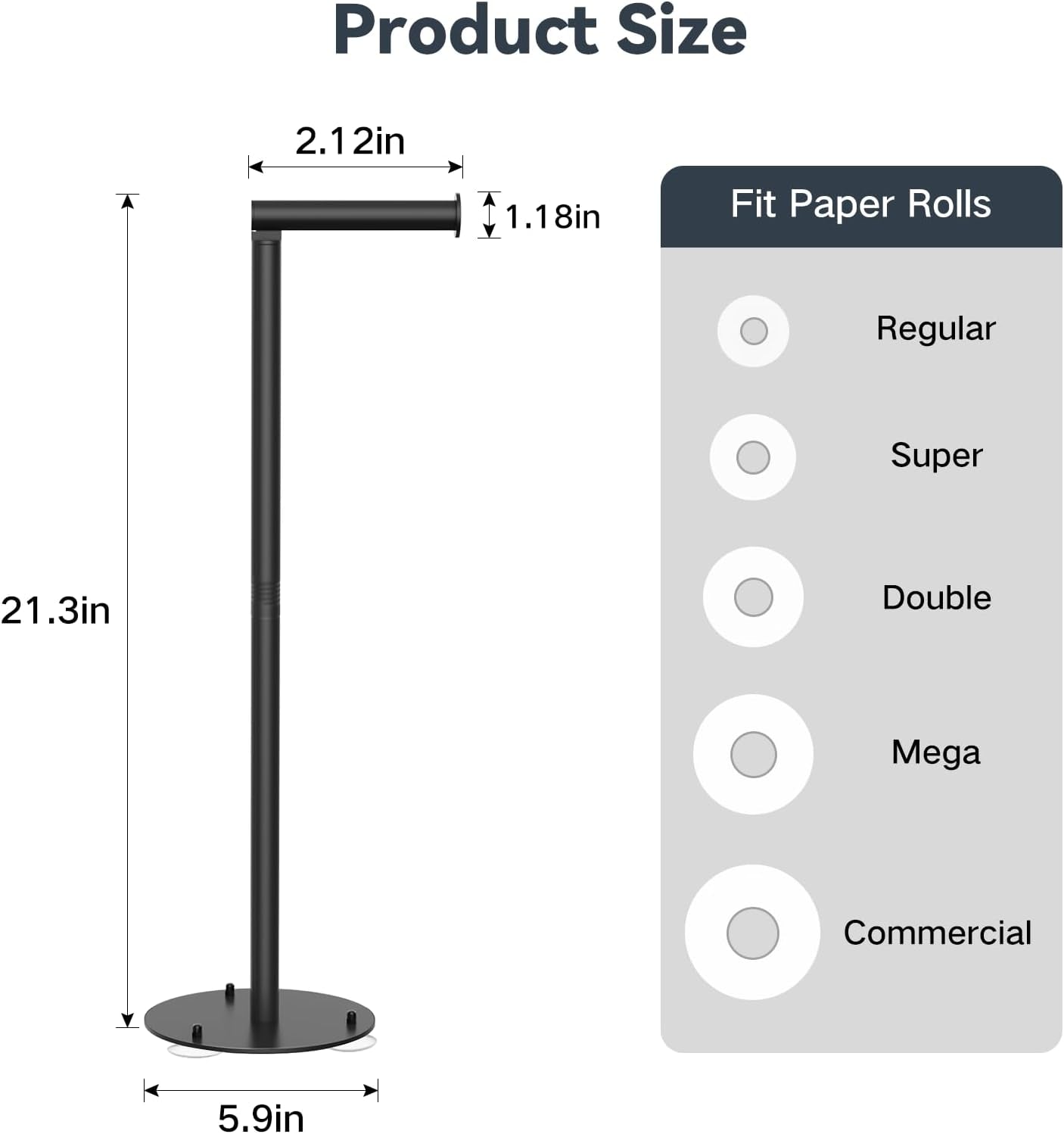 Suction Cup Toilet Paper Holder Stand Free Standing Toilet Paper Holder with Suction Cups, Stainless Steel Toilet Paper Storage for Bathroom, Weighted Base, Black