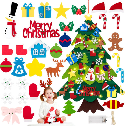 Felt Christmas Tree Set for Toddlers Kids with 3M/9.8Ft Led String Light, 3.2Ft/98Cm Wall Hanging DIY Christmas Tree with 32 Detachable Ornaments for Xmas Home Decoration