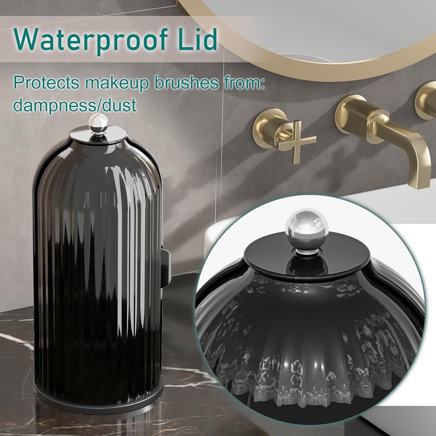 Makeup Brush Holder with Lid Cosmetic Tools Organizer 360 Rotating Waterproof Dustproof Beauty Brushes Storage for Vanity, Dark Black