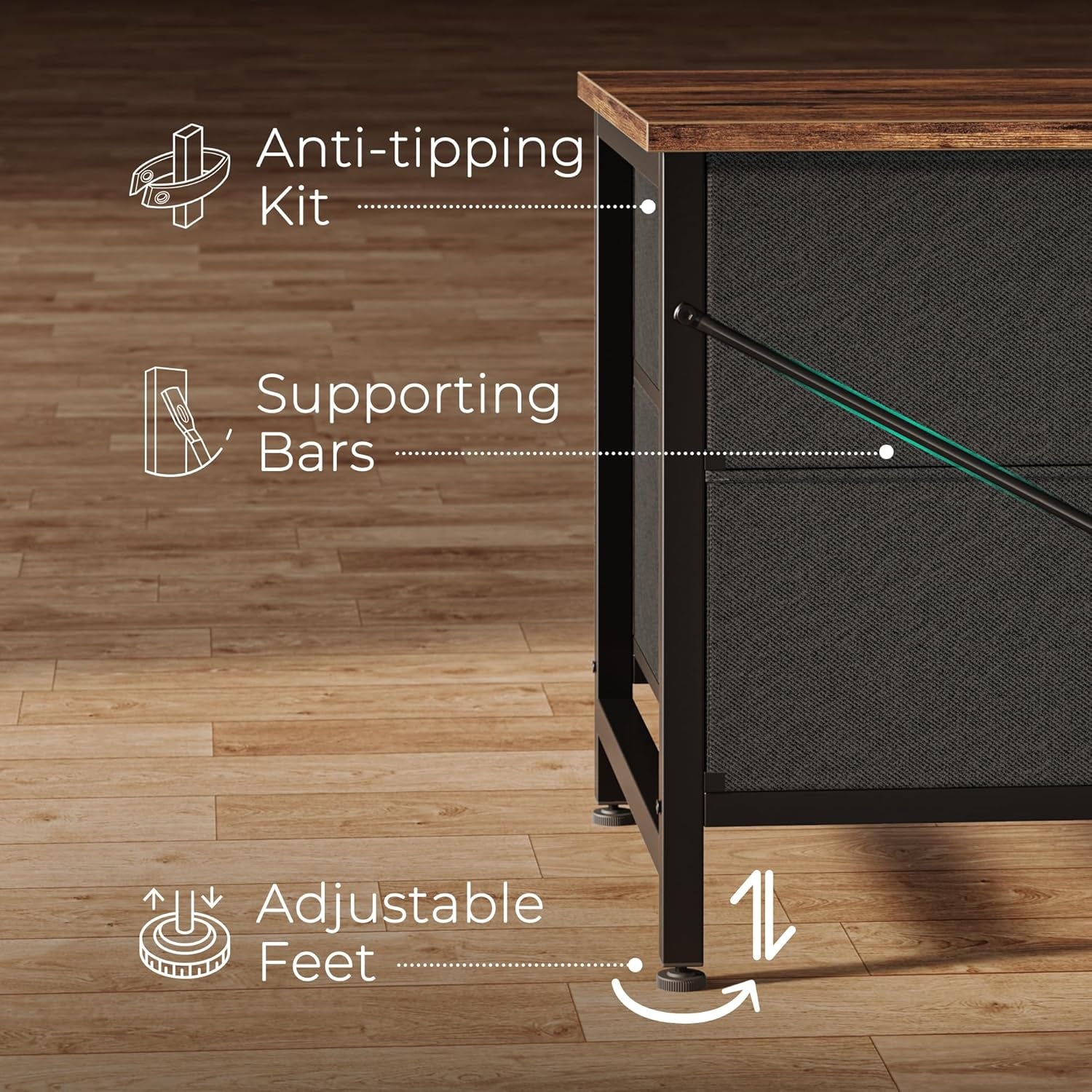 63-Inch Long Dresser and Wide TV Stand for 55-70 Inch TVs, 6-Drawer Storage Organizer with Fabric Drawers, Rustic Brown and Black Finish for Bedroom and Entryway