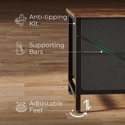 63-Inch Long Dresser and Wide TV Stand for 55-70 Inch TVs, 6-Drawer Storage Organizer with Fabric Drawers, Rustic Brown and Black Finish for Bedroom and Entryway