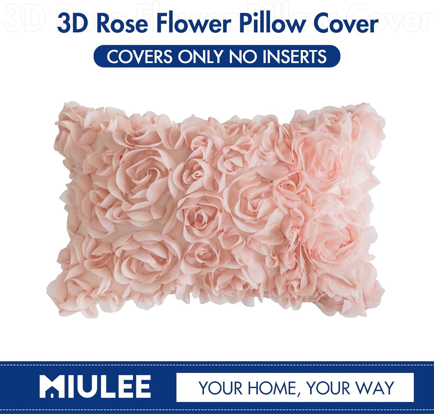 3D Decorative Chiffon Rose Flower Throw Pillow Cover - Romantic Solid Pillowcase for Weddings, Sofas, Bedrooms, and Cars - Peach Pink, 12x20 Inch (30x50 cm)