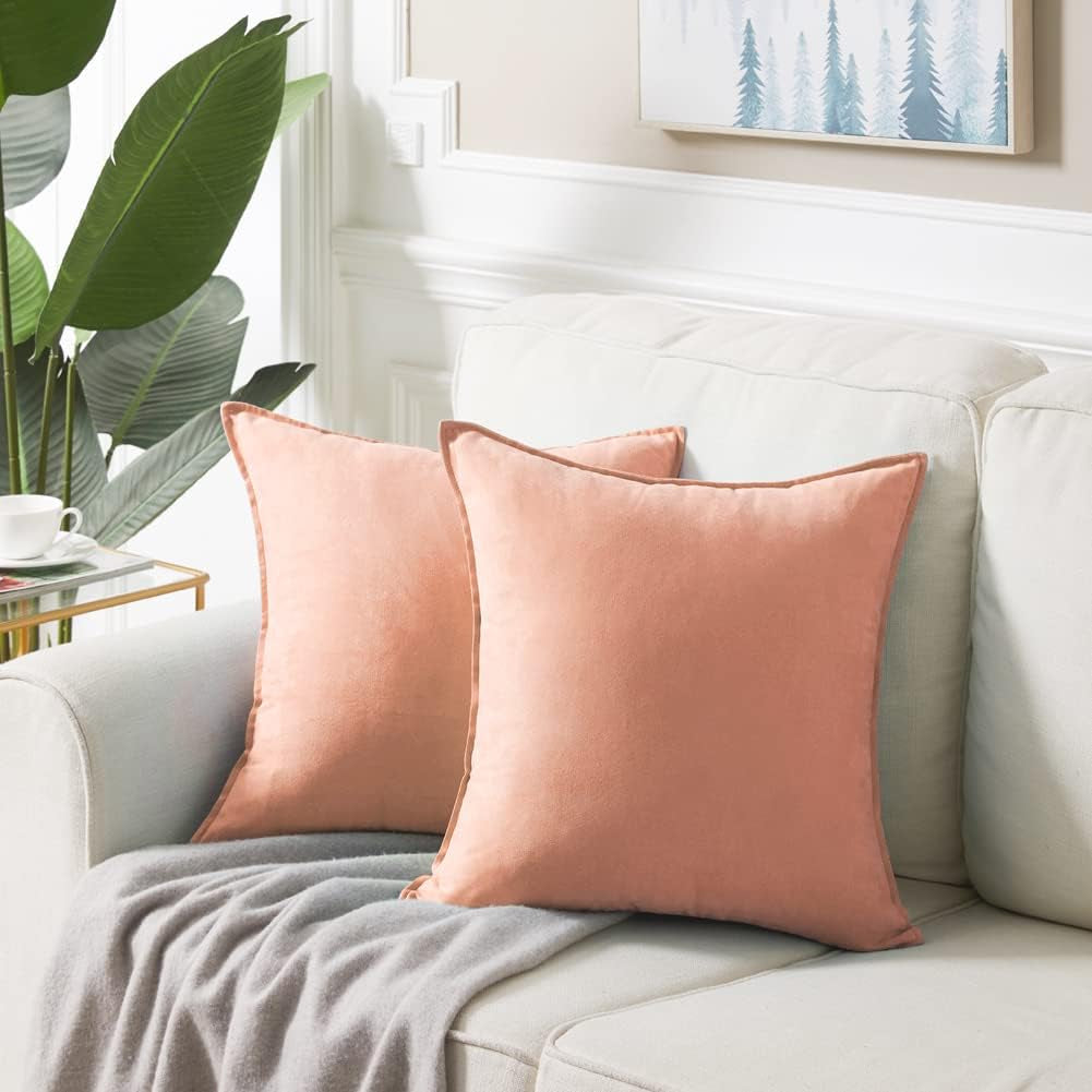 2 Packs Premium Faux Suede Decorative Throw Pillow Covers, Super Soft Square Pillow Case,Solid Cushion Cover for Couch/Sofa/Bedroom (16"X 16",Set of 2, Peach)