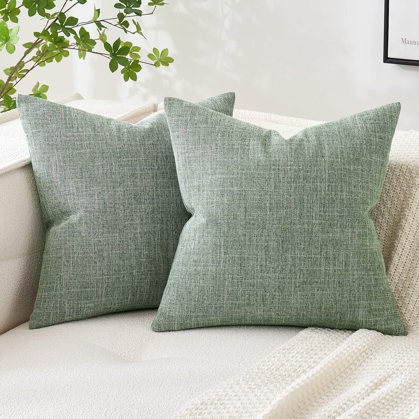 Set of 2 Sage Green Decorative Linen Burlap Pillow Covers for Farmhouse Boho Style, 16x16 Inch Accent Pillowcases for Sofa, Car, Couch, and Bedroom Decor