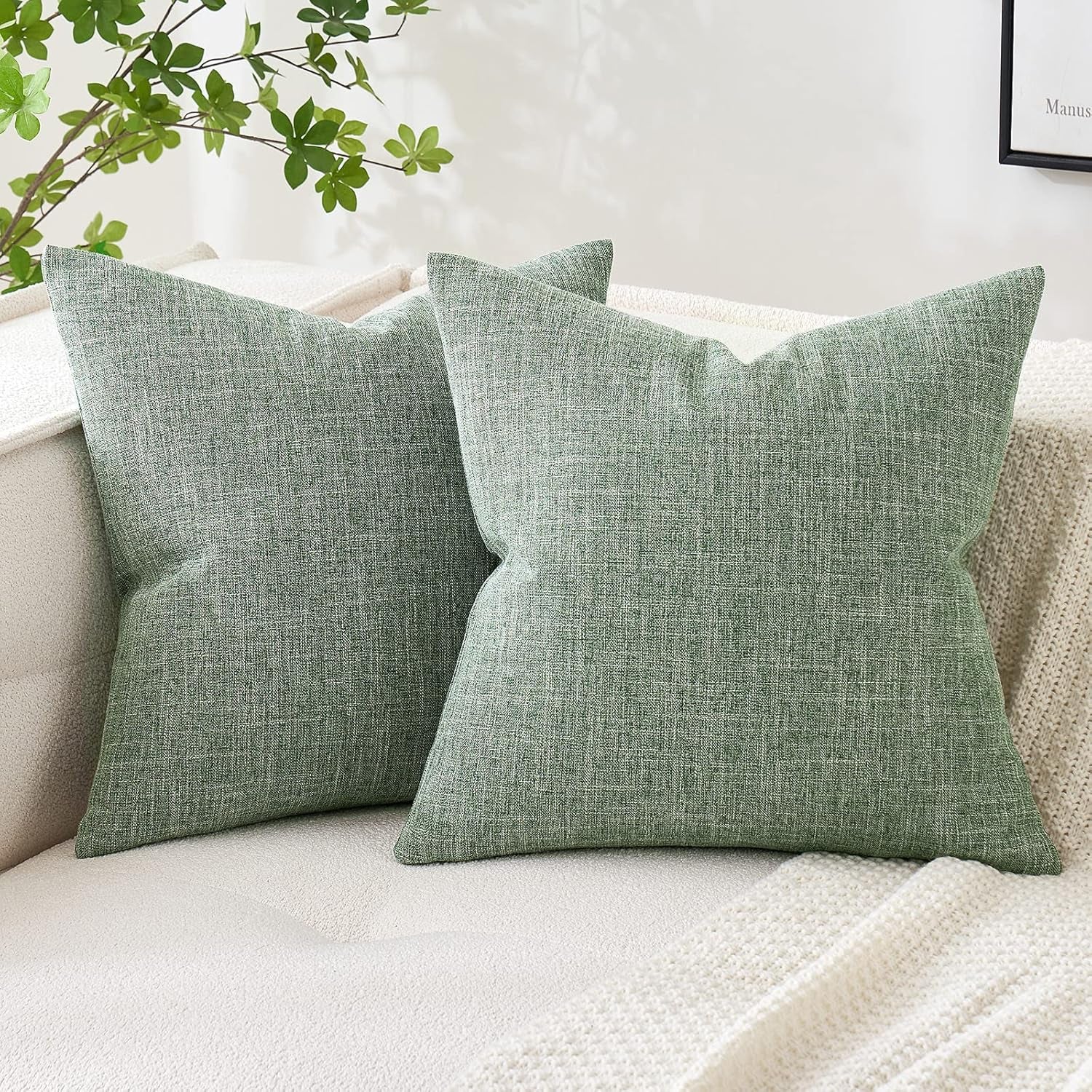 Set of 2 Sage Green Decorative Linen Burlap Pillow Covers for Farmhouse Boho Style, 16x16 Inch Accent Pillowcases for Sofa, Car, Couch, and Bedroom Decor