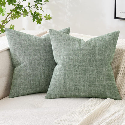 Set of 2 Sage Green Decorative Linen Burlap Pillow Covers for Farmhouse Boho Style, 16x16 Inch Accent Pillowcases for Sofa, Car, Couch, and Bedroom Decor