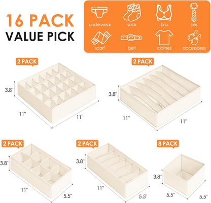 Drawer Organizer Clothes, 16 Pack Dresser Organizer Bins for Baby Clothes, Underwear Sock, Fabric Closet Organization and Storage Dividers for Nursery Bedroom (96 Compartments, Beige)