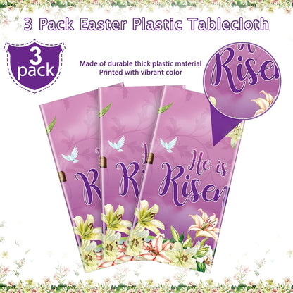 3 Pack He Is Risen Easter Tablecloth Party Decorations, Spring Lily Floral Easter Plastic Tablecloth Rectangle for Holiday Spring Farmhouse Kitchen Dining Table Decorations Indoor Outdoor, 54X108 Inch