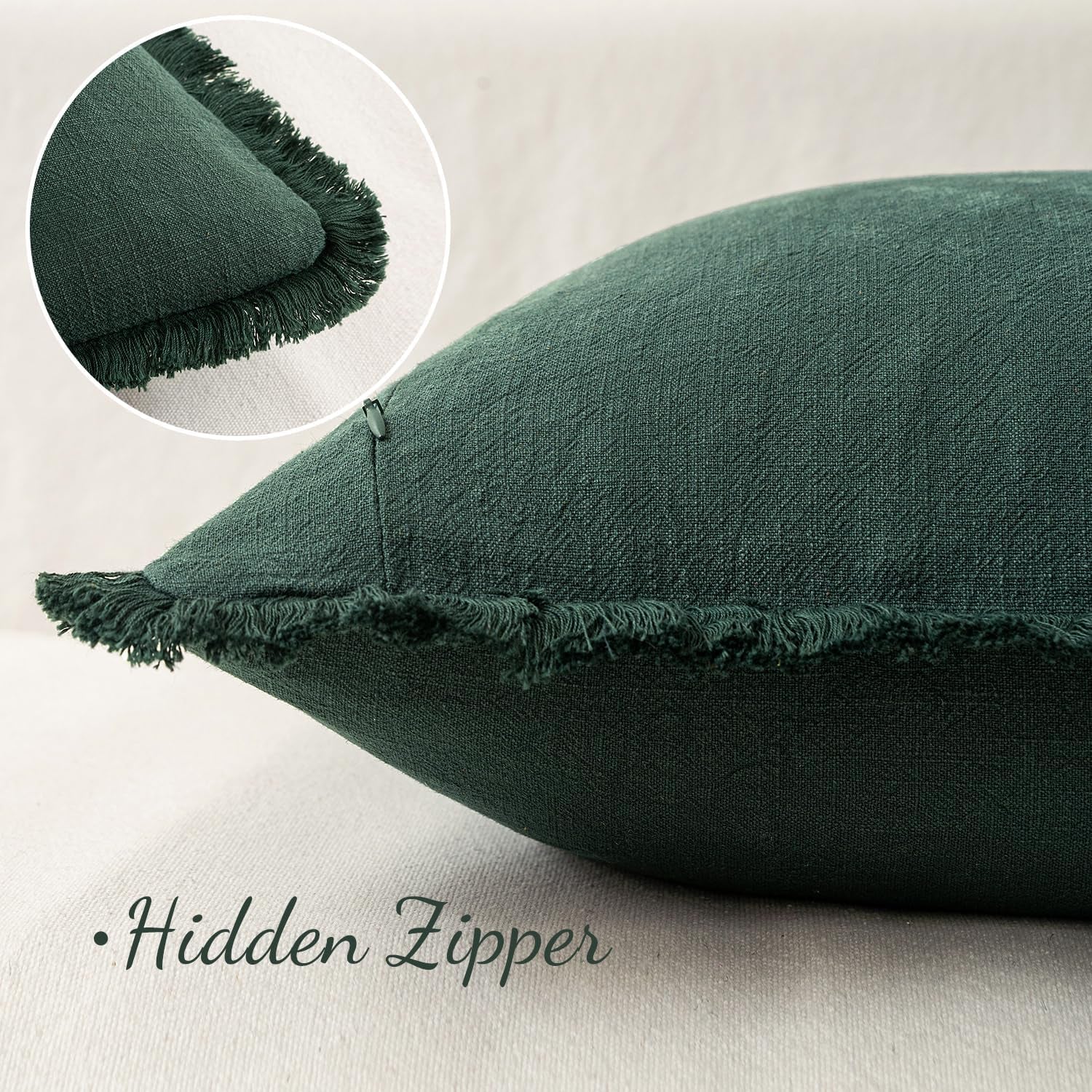 Linen Pillow Covers 18X18 Inch Dark Green Decorative Throw Pillows with Fringe Pack of 4 Soft Farmhouse Boho Couch Pillows Home Decors for Sofa Cushion Living Room Bed