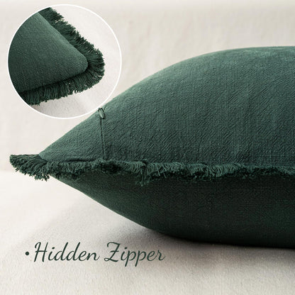 Linen Pillow Covers 18X18 Inch Dark Green Decorative Throw Pillows with Fringe Pack of 4 Soft Farmhouse Boho Couch Pillows Home Decors for Sofa Cushion Living Room Bed